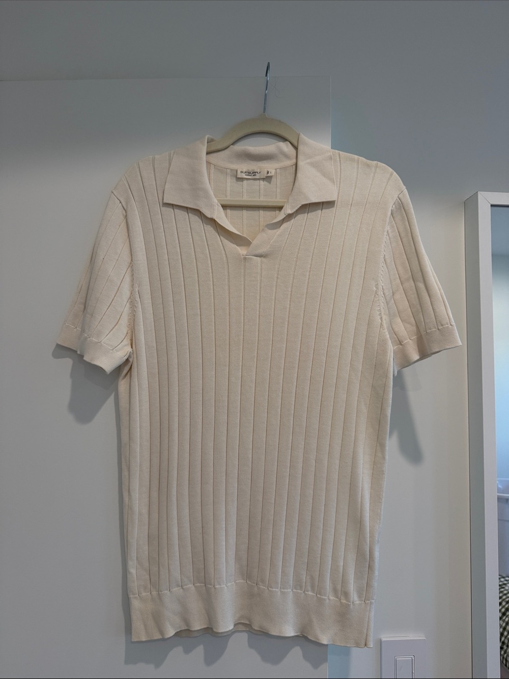 Suitsupply Cotton Silk Cream Ribbed Short-Sleeve Polo Size Large